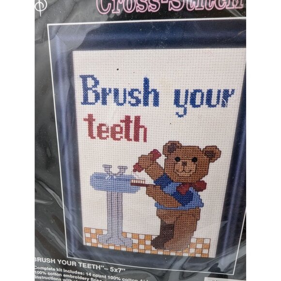 Bucilla Counted Cross-Stitch Kit "Brush Your Teeth" 5x7 With Teddy Bear Design - Picture 3 of 5